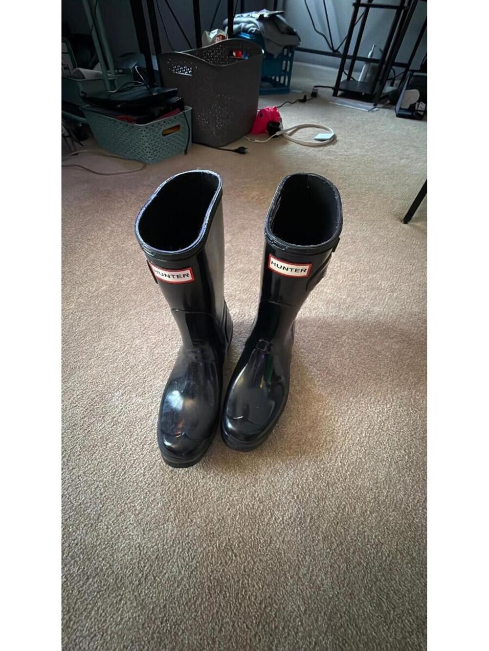Hunter Black Gloss Rain Boots Waterproof Mid-Calf Pull-On Boots